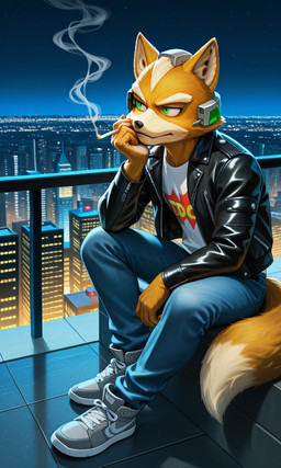 anthro bottomwear cigarette city city_background clothing denim denim_clothing dipstick_tail footwear foxymccloud97 green_eyes headgear headphones headset jacket jeans leather leather_clothing leather_jacket leather_topwear male markings night pants shoes smoking sneakers solo tail_markings thinking topwear nintendo star_fox fox_mccloud canid canine fox mammal hi_res