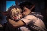 bedroom blush dark_hair duo embrace hair hug hugging hugging_from_behind inside light_hair male male/male messy_hair night nuzzling young somefursoup canid canine mammal