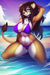 anthro beach beach_background bikini brown_body brown_fur brown_hair clothing cloud felid female fur green_eyes hair isengrim large_breasts lion long_hair looking_at_viewer mammal multicolored_body multicolored_fur pantherine purple_clothing seaside seductive sitting_up smile solo swimwear wave