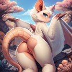 anthro big_ears blue_eyes butt detinysham female flying_wyvern fur genitals head_tuft looking_at_viewer looking_back looking_back_at_viewer monster_hunter nude paolumu pink_body pussy solo tuft white_body white_fur wings