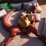 abdominal_bulge anthro bed bedroom bedroom_eyes belly big_belly big_breasts bodily_fluids breasts busty_feral collar dragon english_text female feral furniture furry_desirer genital_fluids genitals hand_on_stomach hi_res horn narrowed_eyes pussy pussy_juice red_body red_eyes red_scales scales seductive solo struggling_prey text thick_tail thick_thighs unbirthing vaginal vore yellow_belly