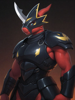 anthro armor black_armor blue_eyes chest_armor confident face_mask facial_horn horn looking_at_viewer male muscular_arms nose_horn plate_armor red_body red_skin shoulder_armor solo standing bernverse_(director) digimon fan_character digimon_(species) flamedramon hi_res