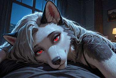 anthro bedroom cuddling female first_person_view male male/female male_pov antinummz helluva_boss loona_(helluva_boss) canid canine mammal