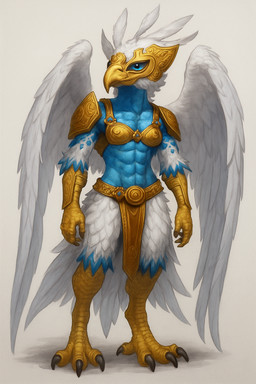 abs anthro armor athletic athletic_anthro athletic_female avian_feet beak bird_legs bottomwear breasts claws clothing feathered_wings feathers female loincloth mask scuted_legs scutes solo tail_feathers talons tribal white_body wings birdovo accipitrid accipitriform avian bird eagle hi_res