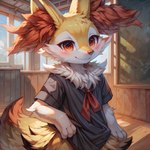 anthro blush bottomless classroom clothed clothing day female fluffy fluffy_tail fur inner_ear_fluff light red_body red_eyes red_fur school school_uniform smile solo standing sunlight tuft uniform white_body white_fur window yellow_body yellow_fur mengxi braixen canid canine fox generation_6_pokemon mammal pokemon_(species) absurd_res hi_res