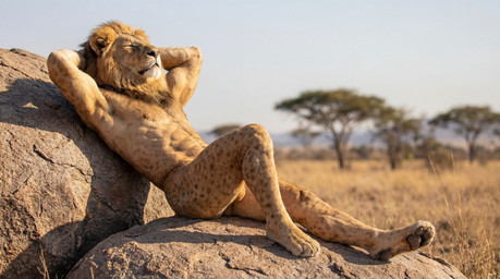 anthro balls boulder genitals grass hands_behind_head male mane nude outside pawpads paws photorealism plant reclining rock solo sunbathing tasteful_nudity tree tribalcat felid lion mammal pantherine absurd_res hi_res