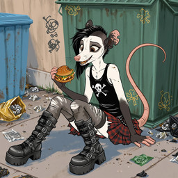 5_fingers biped black_body black_boots black_clothing black_footwear black_hair black_shirt black_tank_top black_topwear boots bottomwear brown_eyes burger cheese claws clothed clothing dairy_products detailed_background dirty dirty_clothing ear_piercing eating eating_food fangs female fingers fishnet fishnet_clothing fishnet_legwear food footwear fur furgonomic goth hair holding_food holding_object legwear miniskirt notched_ear open_mouth outside pattern_bottomwear pattern_clothing pattern_skirt piercing pink_nose plaid plaid_bottomwear plaid_clothing plaid_skirt plant punk ring_piercing shirt sitting sitting_on_ground skirt smile solo stockings tail tail_under_skirt tank_top teeth thigh_highs tongue topwear torn_clothing torn_legwear torn_stockings trash trash_can tuft whiskers white_body white_fur anonymous_director alice_(a.d.) american_opossum didelphid mammal marsupial virginia_opossum hi_res