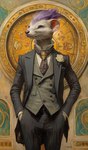 anthro clothing flower fur grey_body grey_fur hair male necktie plant purple_eyes purple_hair purple_nose solo suit bahufaru kiley_saint-clair_(bahufaru) mammal mustela mustelid musteline true_musteline hi_res portrait