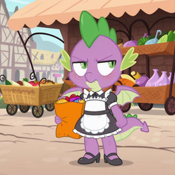 annoyed anthro clothed clothing footwear high_heels looking_up maid_apron maid_uniform male market mythology outside purple_body shopping shopping_bag solo tail uniform wings boxen549 friendship_is_magic my_little_pony spike_(mlp) dragon mythological_creature mythological_scalie scalie
