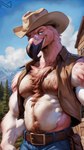 anthro beak bedroom_eyes belt body_hair bottomwear chest_hair clothed clothing detailed_background feathers fur hair hairy happy_trail jacket leather leather_clothing leather_topwear light looking_at_viewer male multicolored_body multicolored_fur musclegut muscular muscular_anthro muscular_male narrowed_eyes navel nipples open_clothing open_topwear outdoors outside pecs pink_body pink_feathers presenting provocative pubes seductive smile smirk solo toony topwear tuft white_body white_fur notte tecnezio_(notte) avian bird flamingo absurd_res cel_shading colorful detailed hi_res lighting portrait shaded soft_shading