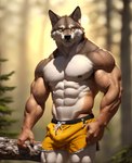 abs absurd_res anthro areola bottomwear bulge bumblebee95 canid canine canis clothed clothing detailed detailed_background detailed_fur hand_in_pocket hi_res looking_at_viewer male mammal muscular nipples pecs pockets realistic shorts solo standing topless vein wolf