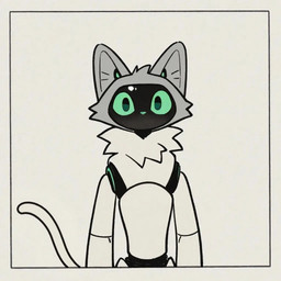 ambiguous_gender anthro border cat_tail fur green_eyes grey_hair hair machine mouthless simple_background solo tuft upper_body visor white_background white_body white_fur direfelis_(director) android felid feline mammal robot 1:1