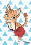 anthro blue_eyes breasts cheek_tuft chest_tuft clothing downblouse dress eyelashes facial_tuft female foreshortening fur hands_behind_back head_tilt head_tuft inner_ear_fluff leaning leaning_forward looking_at_viewer looking_up_at_viewer pattern_background paws pink_nose raised_tail red_clothing red_dress simple_background small_breasts smile smiling_at_viewer solo spots spotted_body spotted_fur standing tan_body tan_fur tuft tursimi felid feline mammal absurd_res full-length_portrait hi_res portrait signature
