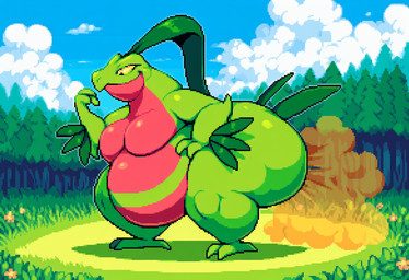 ambiguous_gender anthro blue_sky cloud fart fart_cloud fart_fetish flower grass green_body leaf leaf_hair leaf_tail multicolored_body overweight plant plant_hair pseudo_hair red_body sky smile solo tree two_tone_body yellow_sclera rioblubird nintendo pokemon generation_3_pokemon grovyle pokemon_(species) digital_media_(artwork) pixel_(artwork)