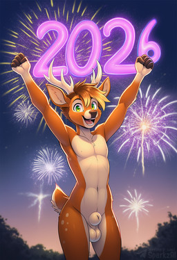 animal_genitalia anthro antlers balls biped brown_body brown_fur brown_hair fingers fireworks fully_sheathed fur genitals green_eyes hair holidays horn looking_at_viewer male male_anthro navel night nude open_mouth open_smile outside plant sheath sky smile solo tail tan_body tan_fur telegram telegram_logo text sergalbutt new_year cervid mammal director_name hi_res signature url