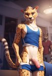 anthro athletic balls bedroom_eyes big_penis blue_eyes bmrwcl bottomwear cheetah clothing crowd felid feline foreskin fur genitals group half-erect hi_res inside looking_at_viewer male male/male mammal narrowed_eyes party penis pulling_pants_down seductive shirt shorts slim solo spots spotted_body spotted_fur tank_top topwear undressing vein veiny_penis white_body white_fur yellow_body yellow_fur