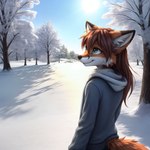 ambiguous_gender anthro black_body black_fur black_nose blue_sky brown_hair cheek_tuft clear_sky clothed clothing detailed_background facial_tuft fully_clothed fur green_eyes grey_clothing grey_hoodie grey_topwear hair hoodie inner_ear_fluff landscape long_hair looking_away orange_body orange_fur outdoors outside plant rear_view sky smile snow solo standing sun sunny topwear tree tuft white_body white_fur winter argon-42 canid canine fox mammal red_fox detailed hi_res portrait three-quarter_portrait