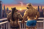 anthro big_butt bottomwear butt city city_background clothed clothing duo eyewear hand_holding lightning male male/male muscular muscular_anthro muscular_male partially_clothed rear_view shorts shorts_down sunglasses sunset thick_thighs code_0_0 hyaenid mammal spotted_hyena absurd_res hi_res