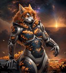 android anthro canid canine canis hair hi_res icefoxai machine male mammal nebula orange_eyes orange_hair robot solo sunset wolf