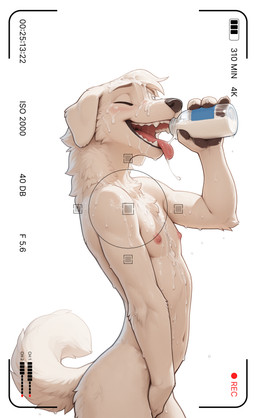 anthro blue_eyes blush bodily_fluids bottle camera_view cum cum_in_mouth cum_inside cum_on_body cum_on_face drinking drinking_cum floppy_ears fur genital_fluids genitals happy holding_penis male open_mouth penis solo tongue tongue_out white_body white_fur neural_bunny canid canine canis domestic_dog mammal absurd_res digital_media_(artwork) hi_res