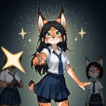 anthro biped bottomwear clothing female gesture green_eyes group inner_ear_fluff necktie orange_eyes pointing pointing_at_viewer prick_ears school_uniform skirt trio tuft uniform anonymous_director invoke_high felid feline hyaenid lynx mammal hi_res