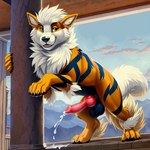 anatomically_correct anatomically_correct_genitalia animal_genitalia animal_penis arcanine balls bodily_fluids building canid canine canine_genitalia canine_penis cum cum_on_ground cumshot detailed detailed_fur director_firewolf ejaculation feral generation_1_pokemon genital_fluids genitals hi_res knot male mammal mountains paws penis pokemon_(species) solo