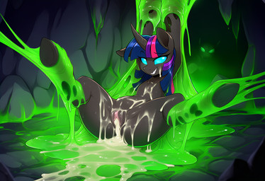 after_sex arms_above_head bodily_fluids cave corruption cum cum_everywhere dark duo excessive_cum excessive_genital_fluids female feral genital_fluids grin hands_behind_head horn looking_at_viewer messy restrained sex_slave slave slime smile solo_focus spread_legs spreading unicorn_horn stressedout friendship_is_magic my_little_pony twilight_sparkle_(mlp) arthropod changeling equid equine mammal unicorn