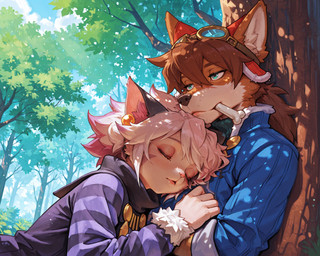 against_natural_surface against_surface against_tree anthro bone_in_mouth cuddling duo ear_piercing eyewear facial_markings female forest goggles head_markings male male/female markings piercing plant scar sleeping tree crimson_fenrir_(director) solatorobo elh_melizee red_savarin canid canine felid feline mammal hi_res
