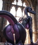 anthro anus black_body breasts butt female generation_7_pokemon genitals hi_res inside kneeling lichking127 light looking_back non-mammal_breasts on_ground pokemon_(species) presenting presenting_hindquarters presenting_pussy purple_body purple_eyes purrfectmerge_(model) pussy realistic salazzle scales scalie solo sunlight