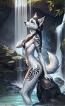 anthro black_hair black_nose blue_eyes braided_hair canid canine canis day detailed detailed_background detailed_fur female fur hair hi_res leaf leaning looking_away mammal markings nude outdoors rim_light rock seductive smile solo standing_in_water tattoo waterfall wet wet_body wet_fur wet_hair white_body white_fur wolf wolfik