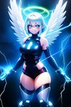 blue_eyes calamityfox feathered_wings feathers female hair halo human lightning looking_at_viewer mammal mecha_musume michael_(calamityfox) not_furry solo sparks standing white_hair wide_hips wings