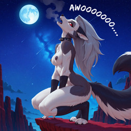 anthro breasts breath clothed clothing female howl kneeling looking_up small_breasts solo topless thygap hellaverse helluva_boss loona_(helluva_boss) canid canid_demon canine canis demon hellhound mammal wolf hi_res