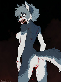 anthro anus blood blood_in_mouth blue_body blue_fur bodily_fluids breasts butt countershade_torso countershading dead_eyes empty_eyes fangs female fur genitals grey_body grey_fur grey_hair hair horror_(theme) looking_at_viewer looking_back medium_breasts multicolored_body multicolored_fur nightmare_fuel nipples pussy rear_view sharp_teeth simple_background solo teeth white_eyes krickracsac canid canine canis mammal undead wolf zombie absurd_res hi_res watermark