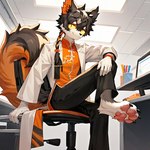 anthro arknights asian_clothing black_hair black_nose bottomwear bracelet braided_hair chair chinese_clothing claws clothing coat computer desk east_asian_clothing feet fluffy fluffy_tail foot_focus furniture hair jewelry lab_coat laboratory looking_at_viewer low-angle_view male office_chair on_chair orange_ears pants pawpads paws pink_pawpads pupils sitting sitting_on_chair slim slit_pupils smug solo table topwear vest yellow_sclera doctorwhut aak_(arknights) domestic_cat felid feline felis foo_dog komainu mammal yokai