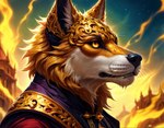 7oxytron anthro black_lips canid canine castle clothing fire fur gold_(metal) gold_jewelry headgear headwear hybrid inner_ear_fluff jewelry lips looking_away male mammal night orange_body orange_fur portrait realistic_fur robe solo tuft whiskers white_body white_fur