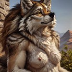 anthro bedroom_eyes breasts female furry_breasts inner_ear_fluff mountains narrowed_eyes neck_tuft nipples outdoors seductive solo tuft upper_body canid canine canis mammal wolf