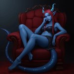 barefoot black_nails blue_body blue_skin bottomwear chair clothing colored_nails feet female furniture grey_background hair horn humanoid_pointy_ears long_hair long_tail nails on_chair red_hair shirt simple_background sitting sitting_on_chair skirt solo solo_focus tank_top topwear valendier demon humanoid