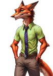 alternate_species anthro belt bottomwear clothed clothing fully_clothed grin hands_in_both_pockets male necktie pants smile solo zootopia hank94_(director) nick_wilde sergal hi_res