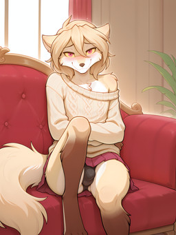 4_toes anthro balls_in_underwear biped blonde_hair blush bottomwear bulge clothed clothing crossdressing feet femboy fur furniture hair inside looking_at_viewer male miniskirt off_shoulder panties pink_eyes sitting skirt smile solo sweater tail_under_skirt tan_body tan_fur toes topwear tuft underwear upskirt white_body white_fur window anontk twokinds clovis_(twokinds) canid canine canis mammal hi_res shaded