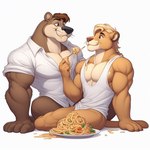 anthro clothing duo food lutrine male male/male mammal muscular mustelid pantsless pasta plate shirt stick tank_top topwear zidanes123