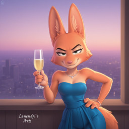 anthro city city_background clothing dress female fur glass green_eyes hand_on_hip looking_at_viewer orange_body orange_fur smile smirk solo tail leyendas_arts the_bad_guys diane_foxington canid canine fox mammal hi_res