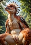 amber_eyes andromorph anthro anus areola biped blue_sky brown_body brown_feathers claws clitoral_hood clitoris countershading crouching day detailed_background extinct feathered_crest feathers female flat_chested forest front_view fur genitals head_crest humanoid_genitalia humanoid_pussy intersex leaf light low-angle_view multicolored_body multicolored_feathers nature nature_background nipples nude orange_body orange_feathers outdoor_nudity outside plant prehistoric_species presenting presenting_pussy pseudo_hair pupils pussy semi-anthro sky smile solo spread_legs spreading tan_body tree tuft white_body white_countershading white_feathers birdlover dinosaur dromaeosaurid feathered_dinosaur feathered_scalie reptile scalie theropod utahraptor absurd_res detailed digital_media_(artwork) hi_res