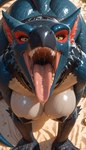 all_fours anthro beak big_breasts blue_body bodily_fluids breasts dripping female looking_at_viewer nipples open_mouth oral_vore saliva saliva_drip saliva_on_tongue saliva_string salivating sharp_teeth soft_vore solo teeth throat vore redstallion_(director) monster_hunter dragon flying_wyvern nargacuga scalie wyvern absurd_res hi_res watermark