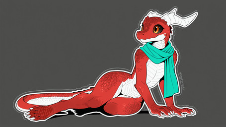ambiguous_gender anthro black_claws black_sclera claws digitigrade flat_chested green_scarf horn lying lying_on_side mouth_closed multicolored_body on_side orange_eyes outline red_body red_scales relaxed scales scarf simple_background small_waist solo tail toony two_tone_body white_body white_horn white_outline white_scales wide_hips kingfurryai kobold reptile scalie hi_res