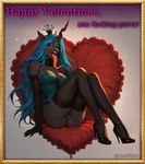 <3 anthro clothing corset crown female footwear gloves green_eyes handwear high_heels legwear lingerie long_tongue pillow profanity simple_background solo stockings text tongue topwear turlik_(director) friendship_is_magic my_little_pony valentine's_day queen_chrysalis_(mlp) arthropod changeling equid equine horse mammal pony