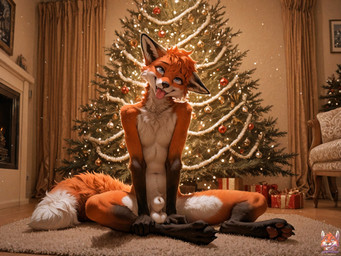 animal_genitalia anthro balls blue_eyes canine_sheath carpet christmas_tree fluffy fluffy_tail fur furniture genitals gift_box male multicolored_body multicolored_fur orange_body orange_fur pawpads picture_frame plant sheath silly sitting sitting_on_ground solo tongue tongue_out tree white_body white_fur midnightjfox canid canine fox mammal