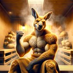 abs anthro biceps ears_up flexing flexing_biceps fur kangaroo macropod male mammal marsupial muscular muscular_male pecs pyroz_blazegate sauna smug solo towel yellow_body yellow_fur