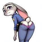 angry_puppy anthro bottomwear bottomwear_down butt clothed clothing female gun judy_hopps lagomorph leporid mammal nervous_smile panties panties_down pants pants_down partially_clothed police_uniform purple_eyes rabbit ranged_weapon solo underwear underwear_down uniform weapon zootopia