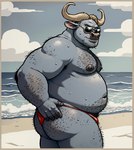 anthro beach body_hair bovid bovine butt_hair cape_buffalo chief_bogo clothing disney eyewear hairy hi_res male mammal moobs nikol-ai seaside solo solo_focus sunglasses sweaty thong underwear zootopia