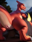 absurd_res animal_genitalia brown_eyes butt charmeleon claws crossed_arms female feral fire generation_1_pokemon genital_slit genitals hi_res inviting looking_at_viewer looking_back looking_back_at_viewer low-angle_view low-key_lighting multicolored_body narrowed_eyes open_mouth orange_body orange_scales outdoors outside pokemon_(species) presenting presenting_hindquarters presenting_pussy pussy raised_tail rear_view rock scales scalie seductive shuffur slit smile solo spread_legs spreading talons toe_claws tongue tongue_out two_tone_body